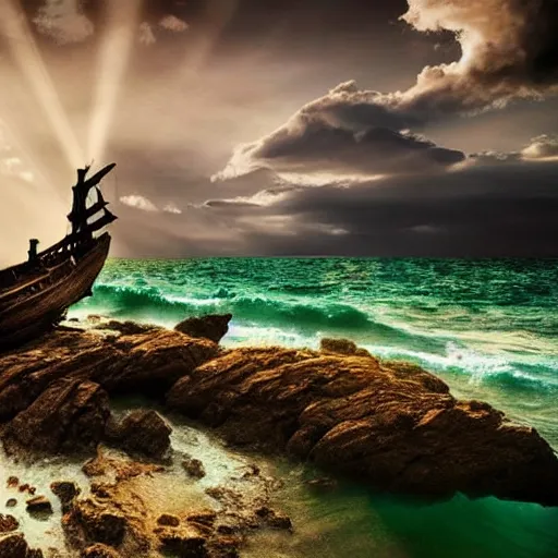 Image similar to wooden shipwreck of old pirate ship on rocks at sea, dramatic lighting, sun beams, god rays illuminating wreck, dark background, gloomy green sea, fantasy art