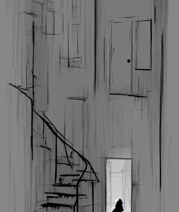 Prompt: a door at the end of a long dark staircase leading down and a dark corridor by pascal campion, trending on artstation „
