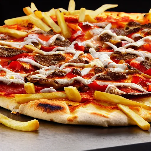 Prompt: kebab pizza realistic 4k athmospheric ultra HD french fries and kebab sauce ontop