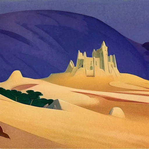 Image similar to an illustration of a white castle in a desertic landscape surrounded by mountain, stylised storm, by nicholas roerich, by frank frazetta by georgia o keeffe by frederick william elwell, by hans emmenegger, by eyvind earle highly detailed, realistic, outline, line work, fantasy, oriental, stylised flat colors, animation