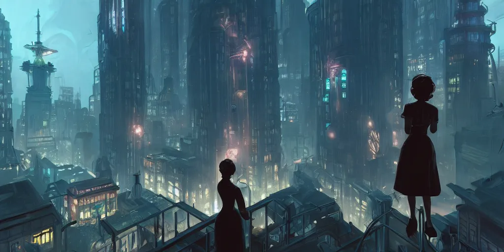 Image similar to a concept art painting of bioshock style city with a woman with back to camera looking out of a window by tuomas korpi, pablo carpio, gilles beloeil, cedric peyravernay, trending on artstation, highly detailed, atmospheric, directional lighting, cinematic