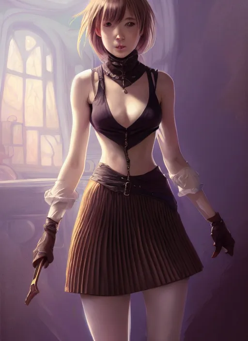 Image similar to portrait of a full body of beautiful young female detective, d & d, sleeveless turtleneck, pleated skirt, fantasy, flat lighting, intricate, highly detailed, digital painting, artstation, concept art, smooth, sharp focus, illustration, misa amane, art by simon bisley and greg rutkowski and alphonse mucha, natural tpose