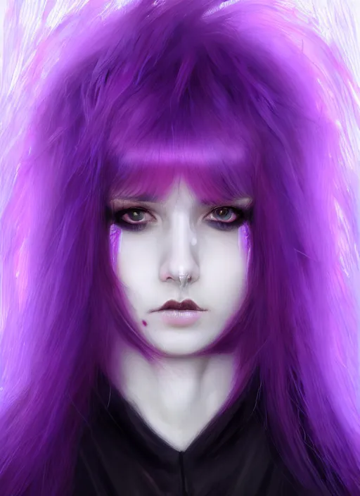 Image similar to hair whitebangs hair, black cyberlox, portrait of normal teenage girl, white bangs, messy bangs, fluffy bangs, cyberlox, whitebangs, red contact lenses, purple background, intricate, elegant, highly detailed, digital painting, artstation, concept art, sharp focus, smooth, illustration, art by wlop, mars ravelo and greg rutkowski