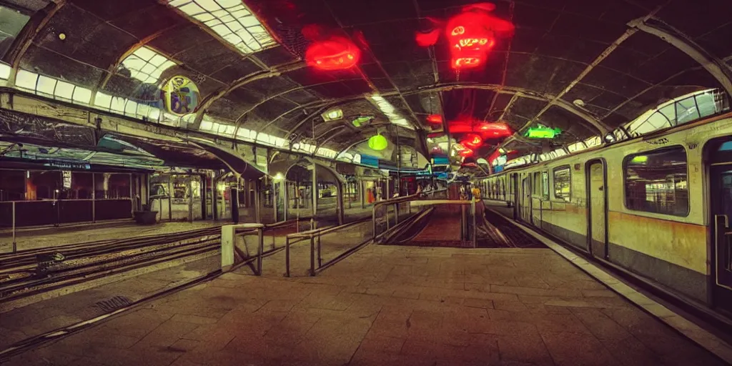 Image similar to train station in space, nostalgic atmosphere, photo, neon lights