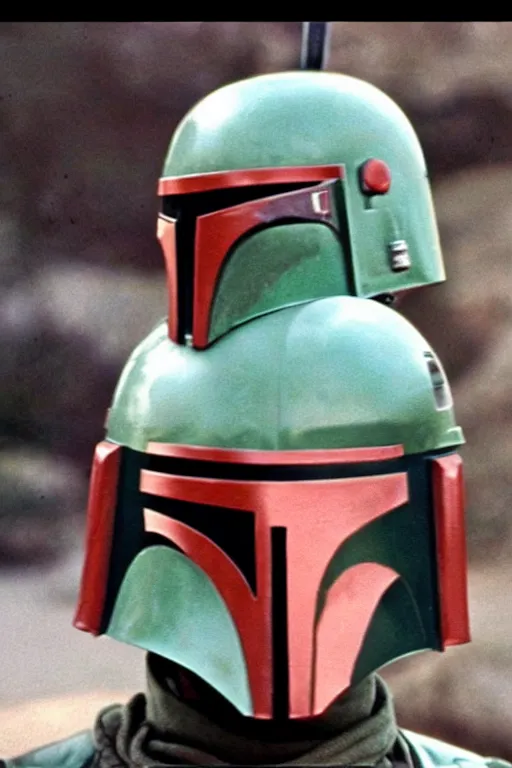 Image similar to boba fett helmet slashed open partially exposed face scowling. screenshot from 1977 Star Wars