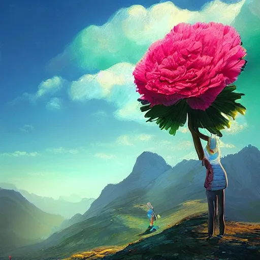 Image similar to giant carnation flower as a head, girl hiking in the mountains, surreal photography, sunrise, dramatic light, impressionist painting, colorful clouds, digital painting, artstation, simon stalenhag