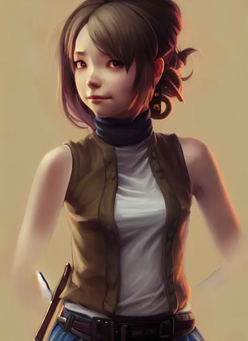 Image similar to portrait of a full body of beautiful young female detective, d & d, sleeveless turtleneck, fantasy, flat lighting, intricate, highly detailed, digital painting, artstation, concept art, smooth, sharp focus, illustration, misa amane, art by simon bisley and greg rutkowski and alphonse mucha, natural tpose