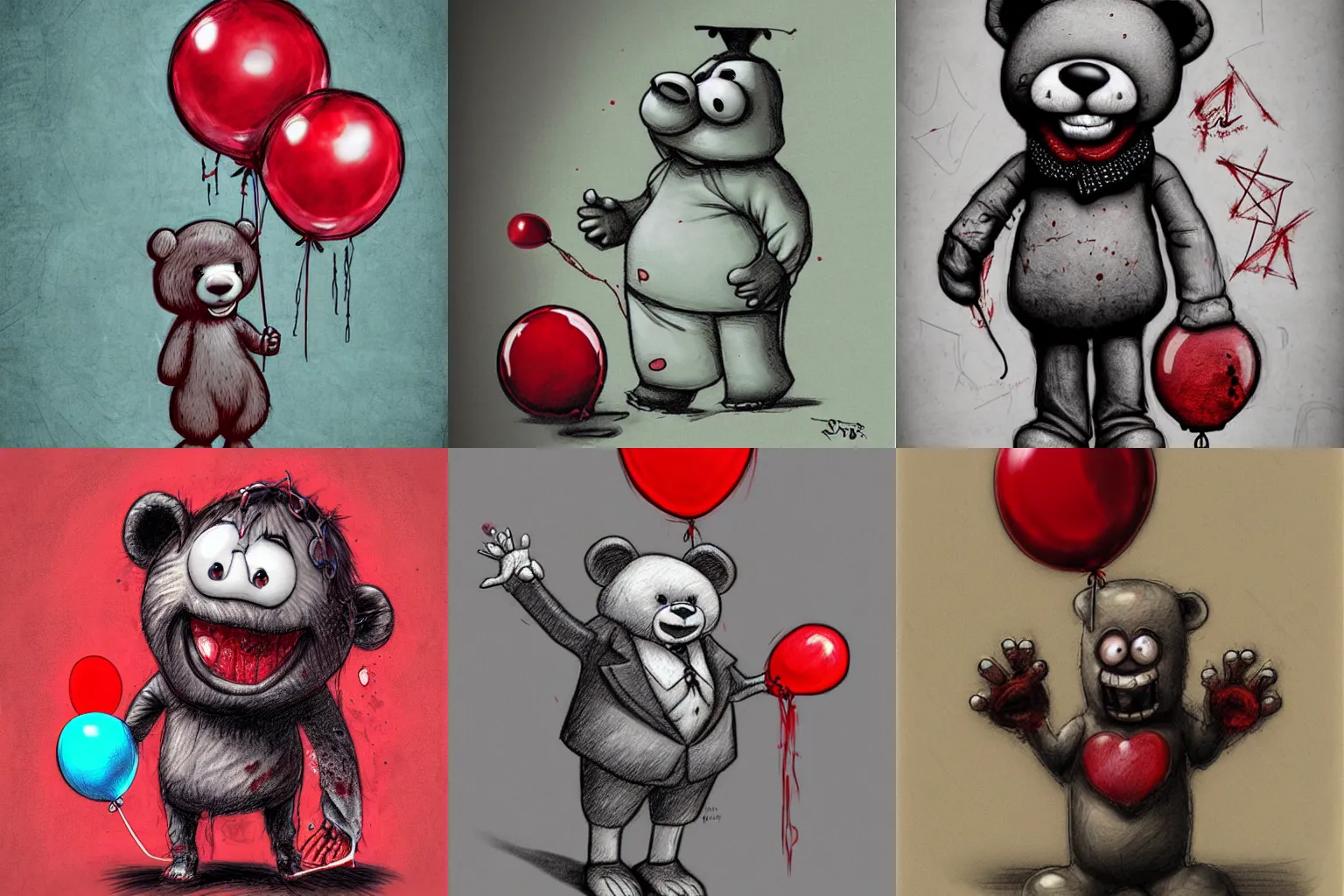 Prompt: surrealism grunge cartoon sketch of a teddy bear with a wide bloody smile holding a red balloon by - michael karcz, loony toons style, horror theme, detailed, elegant, intricate