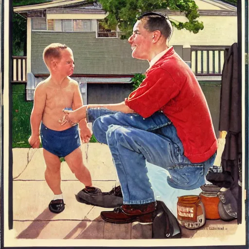 Prompt: a neighborhood diaper salesman in the style of norman rockwell