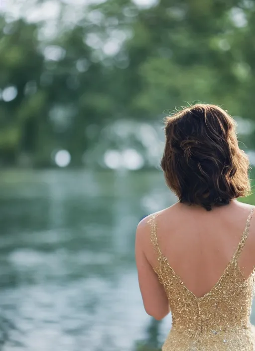 Prompt: a 2 8 mm holga photo from the back of a woman in a formal gown at the edge of a lake, splash art, movie still, bokeh, canon 5 0 mm, cinematic lighting, dramatic, film, photography, golden hour, depth of field, award - winning, anamorphic lens flare, 8 k, hyper detailed, 3 5 mm film grain