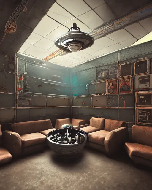 Image similar to artstation scifi scene of a safe room, lounge furniture, large terrarium, sky mural on the celing, paneled walls, unreal engine 5, hyper realism, realistic shading, cinematic composition, blender render, octane render, hdr, detailed textures, photorealistic, wide shot