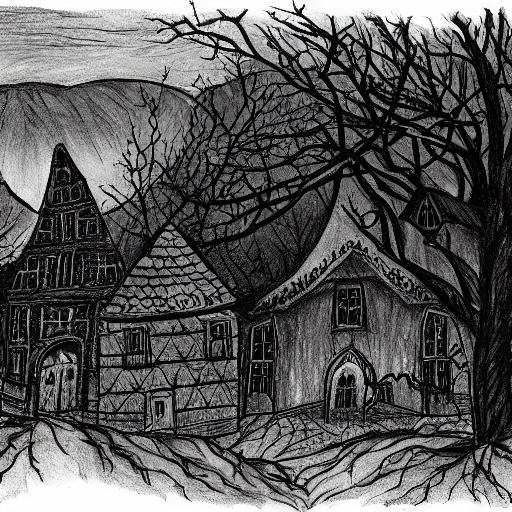 Prompt: Drawing of a creepy Transylvania village during an eerie night, by Wes Benscoter, horror, old village, Transylvania, night