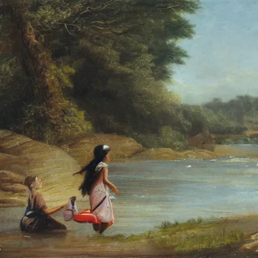 Image similar to landscape of river with two girls splashing on it in the background,