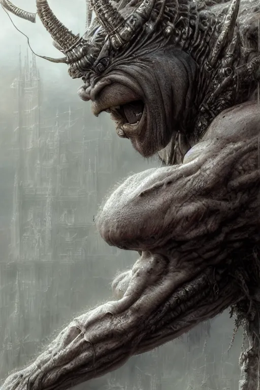 Prompt: one - eye ogre, intricate, ethereal, by luis royo, hyper detailed, weta digital, ray trace, unreal engine, trending on artist, lit, glow, cinematic, soft light, photorealistic, volumetric, realistic, glossy, 8 k post - production, masterpiece, luxury, smooth