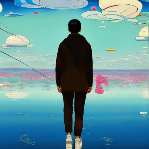 Prompt: a man walking on clouds away from the camera above a lake by takashi murakami, beeple and james jean, aya takano color style, 4 k, super detailed, modern, 4 k, symmetrical