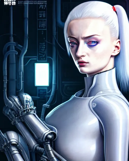 Image similar to white haired cyborg sophie turner wears xenomorph gas mask, fine detail!! anime!! realistic shaded lighting!! poster by ilya kuvshinov katsuhiro otomo ghost in the shell, rutkowski giger villeneuve artgerm garmash and rob rey