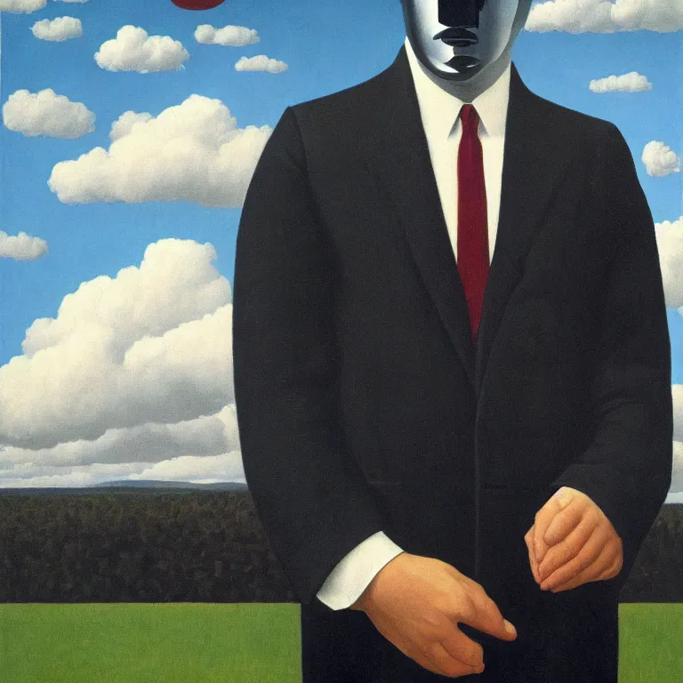 Image similar to portrait of a faceless chrome - head man in a suit, clouds in the background, by rene magritte, detailed painting, distance, centered, hd, hq, high resolution, high detail, 4 k, 8 k