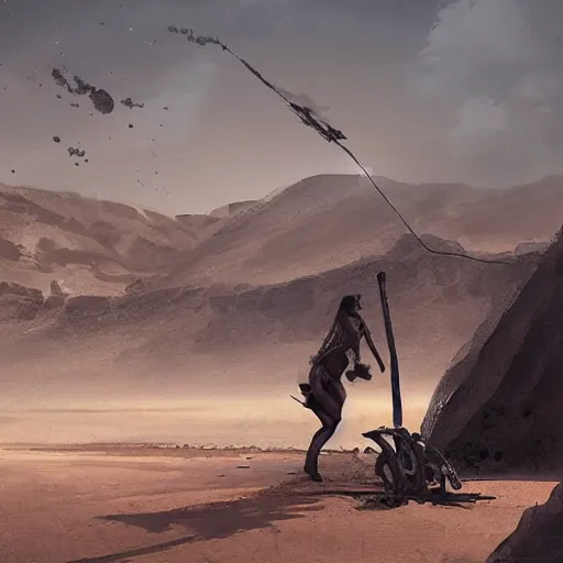 Prompt: a catapult made with black sand, in the desert, by greg rutkowski, digital art, highly detailed, 4k