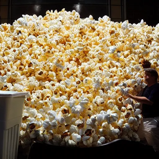 Prompt: a man buried under a mountain of popcorn, popcorn everywhere, taking over the world with an avalanche of popcorn