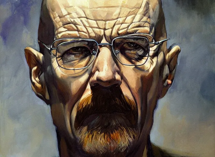 Image similar to a highly detailed beautiful portrait of walter white wearing a vampire costume, by gregory manchess, james gurney, james jean