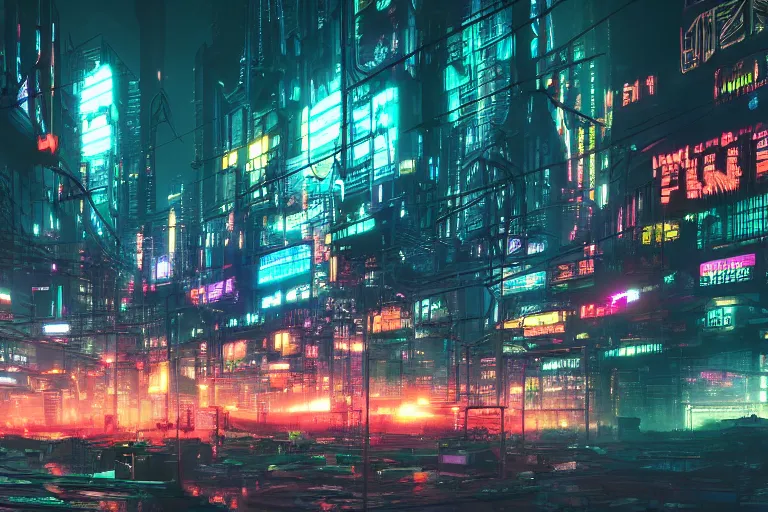 Image similar to dense and detailed dystopian cyberpunk city skyline at night, multicolored neon lights, 8k