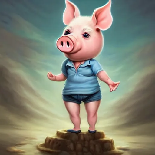 Image similar to cute little anthropomorphic funny female pig wearing shorts, a hat and a pale blue shirt!! tiny!! fully clothed!!! small, short, cute and adorable, character art portrait, matte fantasy painting, deviantart artstation, by jason felix by steve argyle by tyler jacobson by peter mohrbacher, cinema