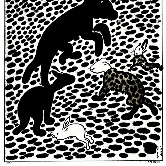 Image similar to a still frame from comic strip, black fluffy leopard dancing with rabbit in a field 1 9 5 0, silhouette, herluf bidstrup, new yorker illustration, monochrome contrast bw, lineart, manga, tadanori yokoo, simplified,