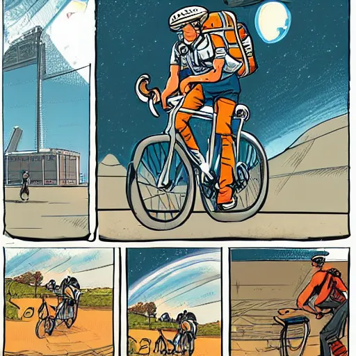 Prompt: a food delivery cyclist with oversized box shaped backpack cycling around the rings of saturn, laurie greasley