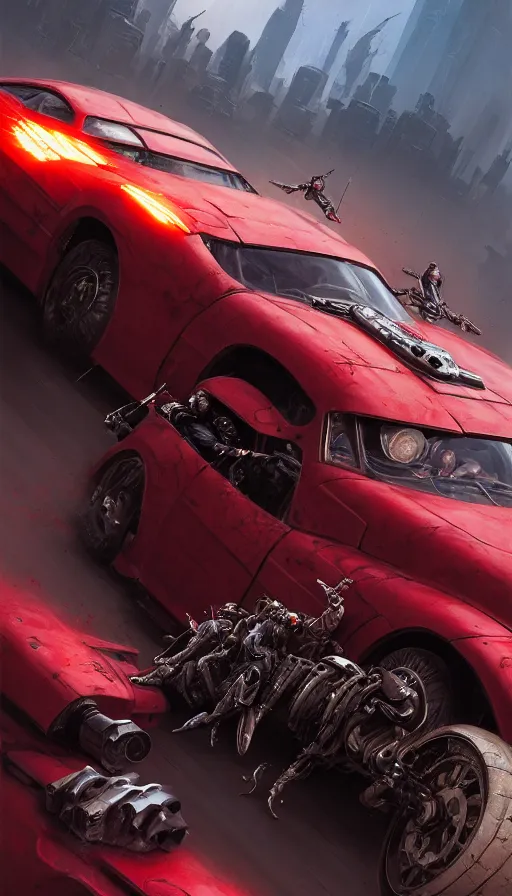 Image similar to road warrior, gemma chan girl, carmageddon, muscle cars, weapons, mad max, blood drive, made by stanley artgerm lau, wlop, rossdraws, james jean, andrei riabovitchev, marc simonetti, yoshitaka amano, beksinski artstation, cgsociety