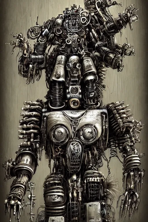 Prompt: wild monstorous anthropomorphic biomechanical bear warrior wearing dreadlocks made of cables and wires. Upgraded with hightech cyberwares. huge, big, giant bear human hybrid, mecha animal, tall, detailed woodcut armor, terrifying and dangerous, scary, beautiful, steampunk monster android hybrid art portrait, matte scifi fantasy painting, half robot half bear. DeviantArt Artstation, by Jason Felix by Steve Argyle by Tyler Jacobson by Peter Mohrbacher, cinematic lighting