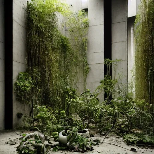 Image similar to an abandoned room in a concrete building, modern design, art deco, few overgrown plants, dreamy, overcast, by hans bellmer