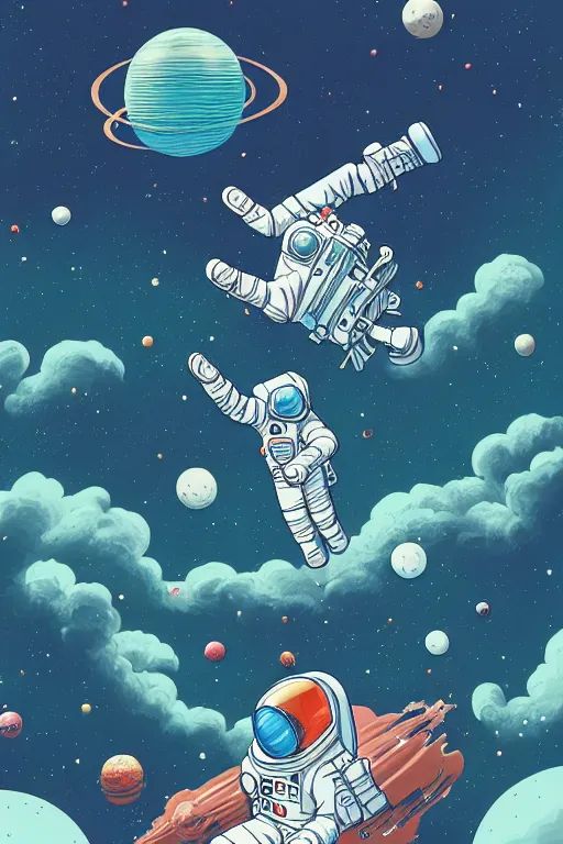 Image similar to an astronaut floating in the sky, the destruction of the universe, planets crashing, highly detailed, digital painting, refreshing, trending on artstation, illustration by james jean