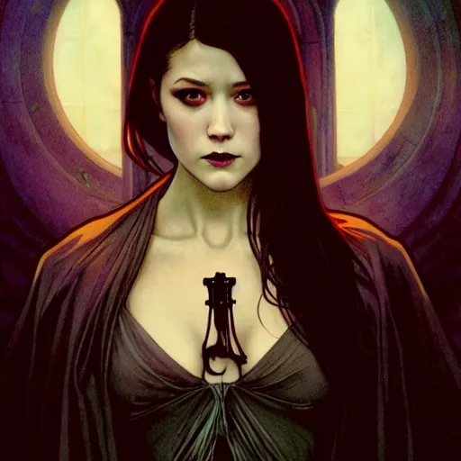 Image similar to a photo of mary elizabeth winstead as a vampire in a gothic cathedral at night, gloomy, horror, by artgerm and alphonse mucha and ross tran and greg rutkowski.