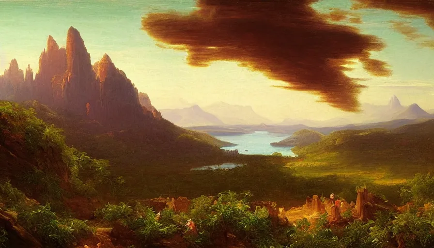 Image similar to a landscape painting depicting a remote rimworld with two above, oil on canvas, hudson river school, Thomas Cole, Fredric Edwin Church