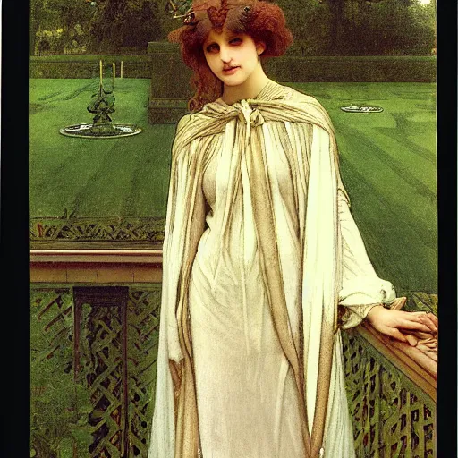 Image similar to A girl with on the front of a Balustrade porch with a hedge maze on the background, major arcana occult clothes, by paul delaroche, alphonse mucha and arnold böcklin arnold böcklin hyperrealistic 8k, very detailed