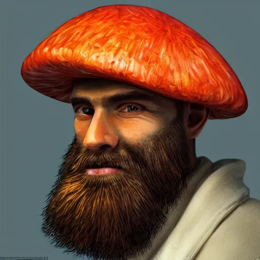 Image similar to highly detailed close up portrait of a bearded man in a mushroom hat, studio lightning, bright colors, intricate, masterpiece, photorealistic, hiperrealistic, sharp focus, high contrast, Artstation HQ, DeviantArt trending, 4k UHD, Unreal Engine 5