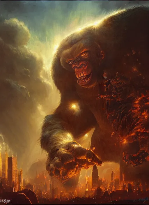 Image similar to kingkong destroying the city of atlantic, a ray of sunlight, greg rutkowski, moebius, mohrbacher, frazetta, roy krenkel, boris vallejo, and manuel sanjulian, ultra - wide angle, ultra - detailed, light effect, mystical, cinematic