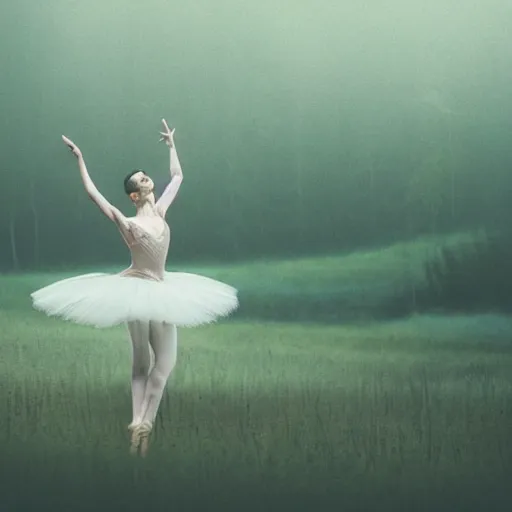 Image similar to an intricate ballerina in the middle of the forest, landscape, moody, fog, cinematic