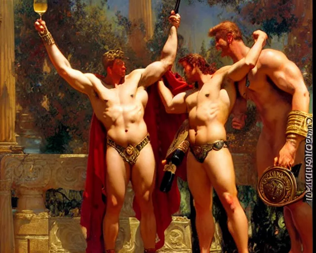 Image similar to ares drinks wine with hercules, painting by gaston bussiere, craig mullins, j. c. leyendecker, tom of finland