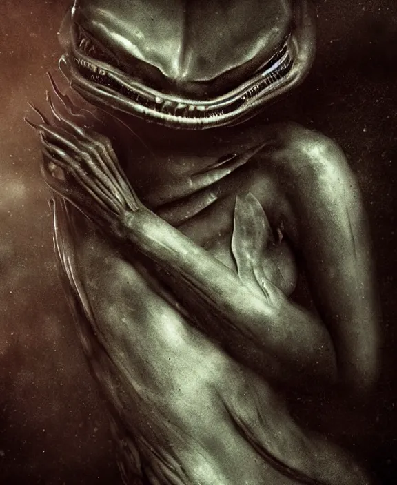 Image similar to xenomorph hugging pale sad beauty merging, dark mist colors, giger background liminal void, digital art, cinematic lighting, realistic, award winning photograph, various refining methods, micro macro autofocus