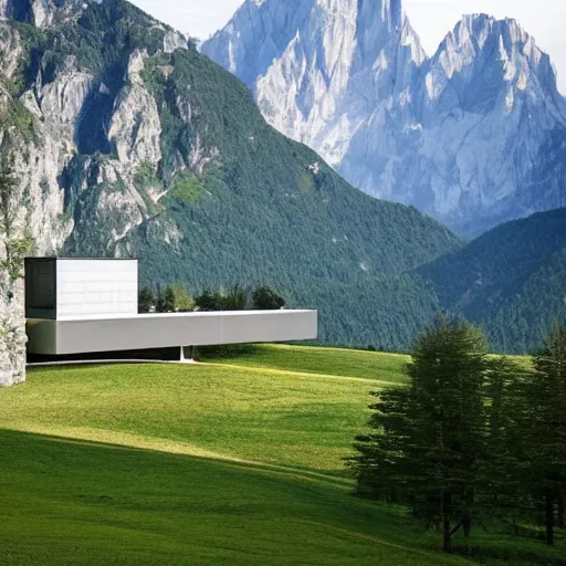 Image similar to lush and beautiful green mountain landscape, with a brutalist futuristic building, architecture, unpainted concrete, swiss alps, dolomites, by aalto alvar, by ando tadao, by chipperfield david, frank lloyd wright, by peter zumthor