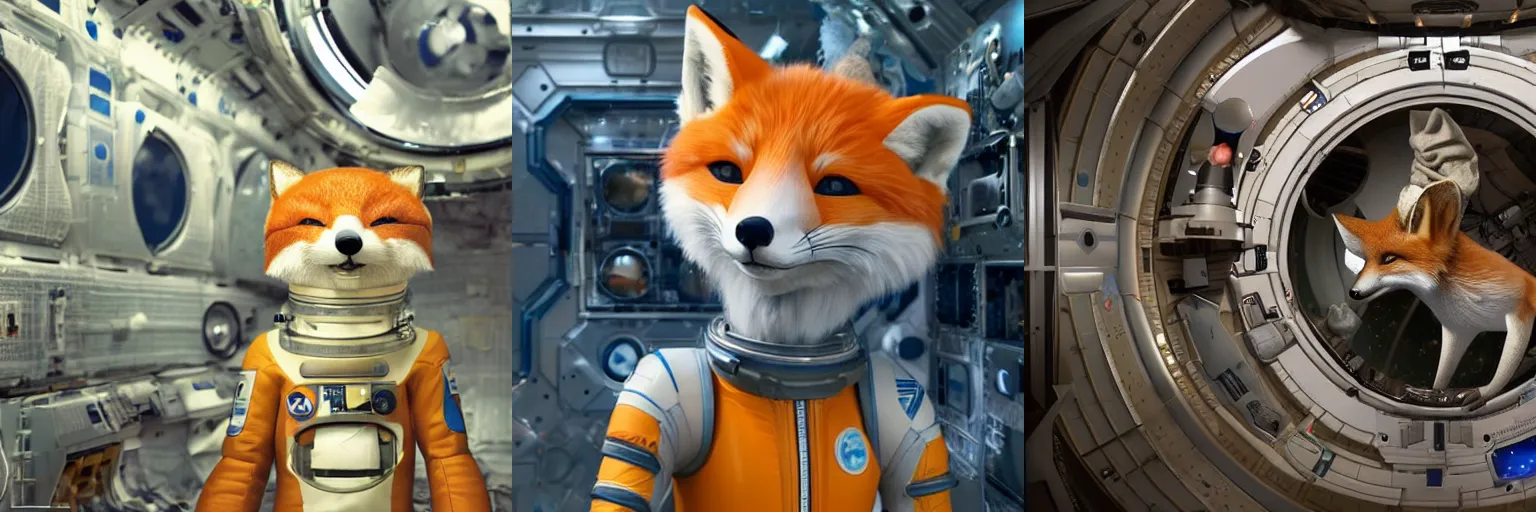 Prompt: An anthropomorphic fox wearing a space suit inside an abandoned space station, 4k, retrofuturism