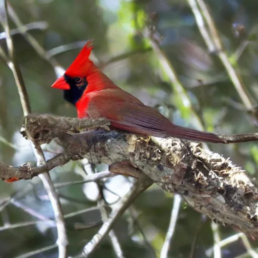 Prompt: a beautiful male Cardinal next to a moth moth, a beautiful moth, sitting on a tree branch with blue sky and river in background, bokeh focus, don't forget the moth