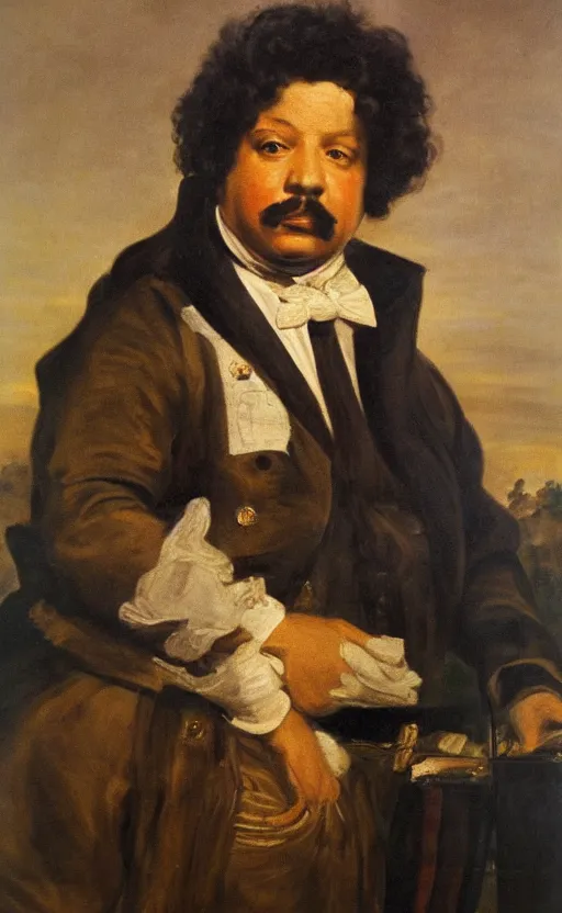 Image similar to Portrait of Alexandre Dumas, oil on canvas, highly detailed, by Delacroix, 8k