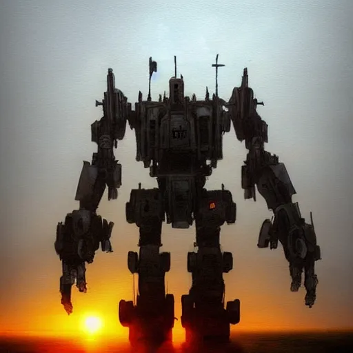 Image similar to gigantic mecha walking, dense fog,, sunset, jakob rozalski