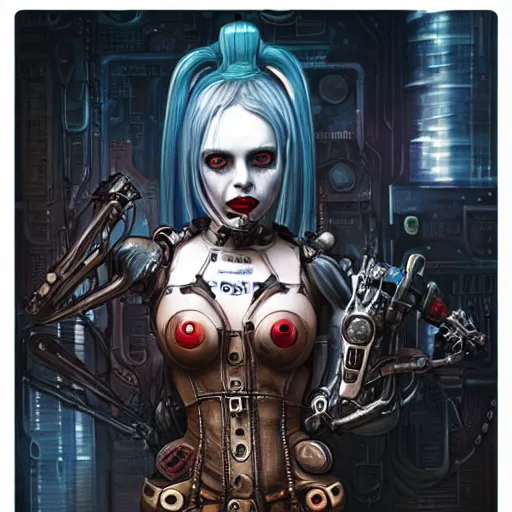 Image similar to lofi giger biopunk steampunk portrait of harley quinn, Pixar style, by Tristan Eaton Stanley Artgerm and Tom Bagshaw.