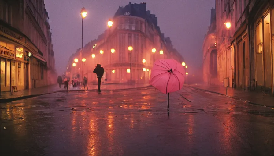 Image similar to street of paris photography, night, rain, mist, a pink umbrella on the floor, cinestill 8 0 0 t, in the style of william eggleston