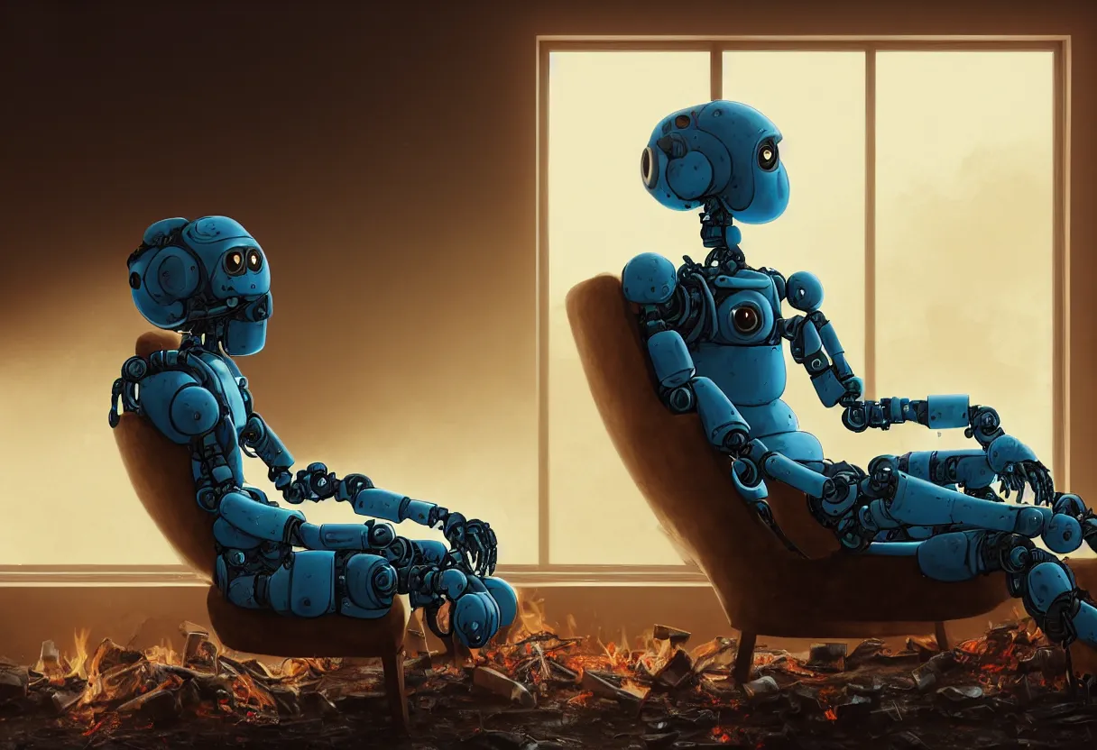 Prompt: A closeup portrait of a lone solitary cerulean and brown decaying futuristic robot seated on a torn couch facing a cozy fire in a beautiful fireplace in a dusty Victorian home, soft morning light seeping in a window, with cinematic lighting and lens flare, tall ceiling, octane render, by Simon Stalenhag and Sylvian Boussiron and Alfonso Cuaron, award-winning highly detailed 8k anamorphic closeup tight cinematic movie photograph