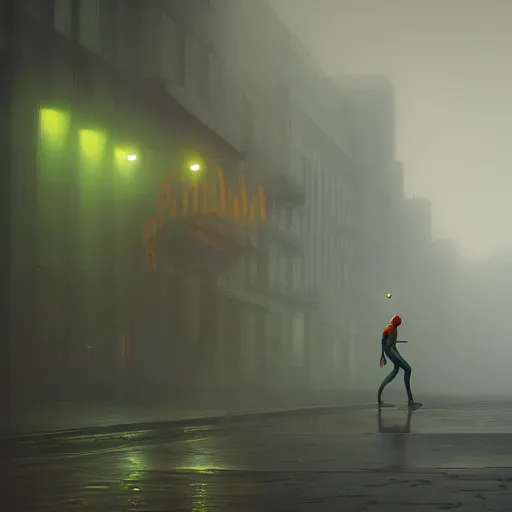 Image similar to moody atmospheric render of an orange and green spiderman by greg rutkowski and marc silvestri made with unreal engine