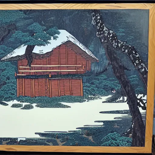 Image similar to a painting of a eerie cabin in the middle of the woods in the style of hokusai